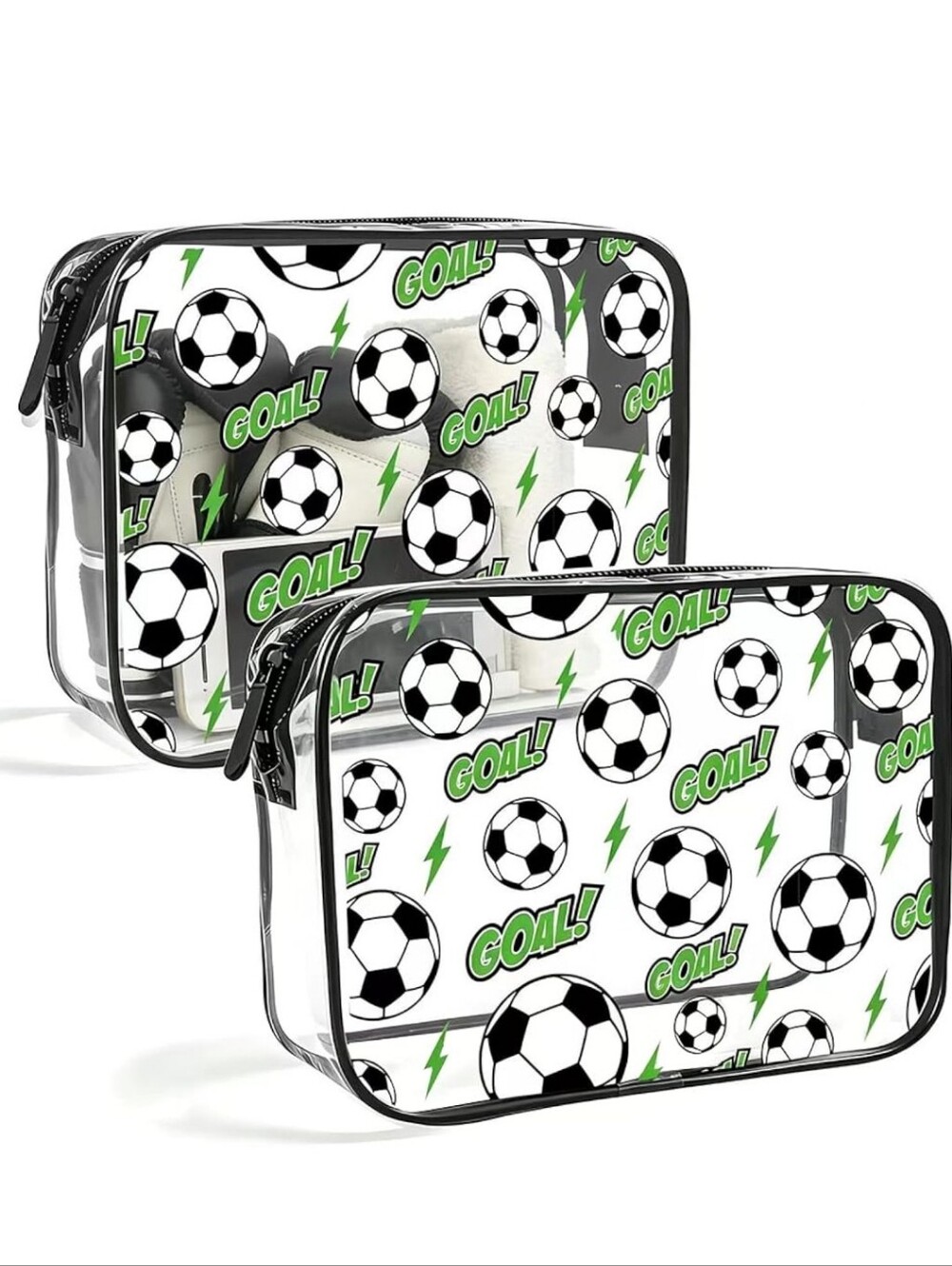 Clear Soccer Print Travel Toiletry Bag - Green & Black
